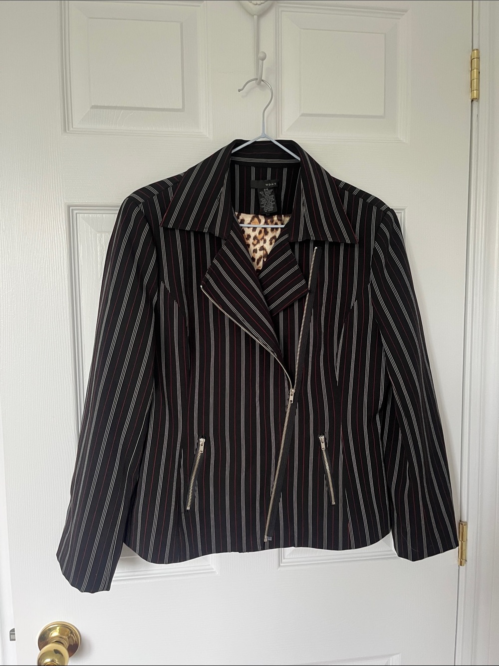 W D N Y Striped Black Jacket with Leopard Trim